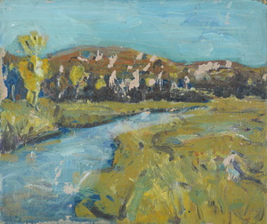 Werkverzeichnis Nr. 73, um 1952, Mooslandschaft mit Bach und Hügeln,  Öl auf Karton, 31,0 x 37,0 cm 