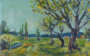 Werkverzeichnis Nr. 74, um 1952, Bäume am Dorfrand,  31,2 x 49,8 cm 
