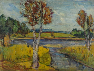 Werkverzeichnis Nr 75<br> um 1952, Kleinerer Ostersee, Öl auf Karton, 37,3 x 49,9 cm