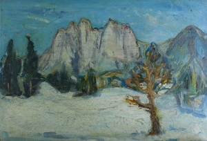 Werkverzeichnis Nr. 76, um 1952, Bergwand mit Bäumen, Öl auf Karton, 40,1 x 58,7 cm