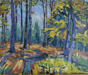 Werkverzeichnis Nr. 77, um 1952, Bäume am Berghang, Öl auf Karton, 52,0 x 60,9 cm,
						Rückseite von Werkverzeichnis Nr. 62, um 1950,  Mooslandschaft mit Bach und Bäumen
