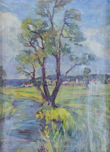 Werkverzeichnis Nr. 84, um 1950,  Baum an einem Bach, Acryl, Öl auf Karton 58,6 x 43,0 cm