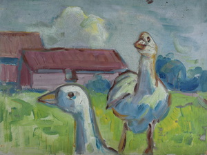 Werkverzeichnis Nr. 81, um 1953, zwei Gänse, Öl auf Karton, 37,7 x 50,5 cm