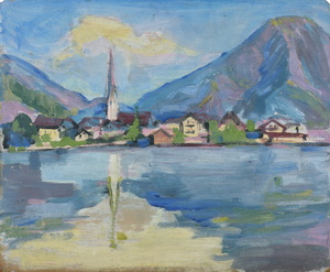Werkverzeichnis Nr 82, um 1953, Stadt am See, Öl auf Karton, 37,9 x 46,0 cm, 
						Rückseite bemalt mit Werkverzeichnis Nr.79, Bäume, um 1953