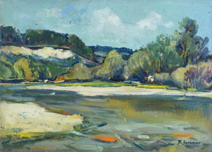 Werkverzeichnis Nr. 86, um 1953, Isar, Öl auf Karton, 40,7 x 57,3 cm