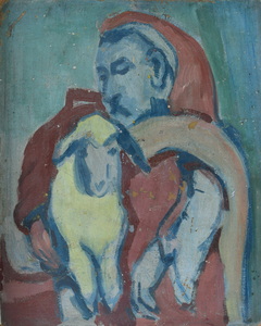Werkverzeichnis Nr. 87, um 1953, Mann mit Schaf, Öl auf Karton, 43,0 x 34,2 cm
