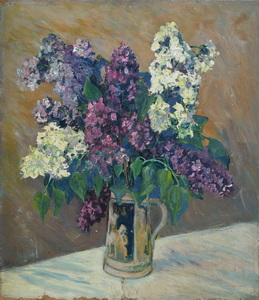 Werkverzeichnis Nr. 89, um 1953, Fliederstrauß, Öl auf Hartfaser, 37,6 x 27,1 cm,
						Rückseite von Werkverzeichnis Nr. 83, um 1953, Blumenstrauß in brauner Vase