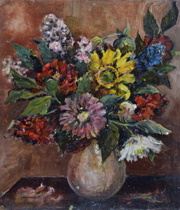 Werkverzeichnis Nr. 88, um 1953, Blumenstrauß in brauner Vase, Öl auf Hartfaser, 37,6 x 27,1 cm,
						Rückseite bemalt mit Werkverzeichnis Nr. 84, um 1953, Fliederstrauß