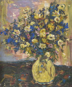 Werkverzeichnis Nr. 90, um 1953, Feldblumenstrauß in weißer Vase, Öl auf Karton, 44,2 x 36,5 cm