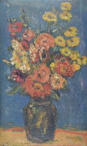 Werkverzeichnis Nr. 91, um 1953, Blumenstrauß vor blauer Wand, Öl auf Karton, 65,6 x 39,7 cm
