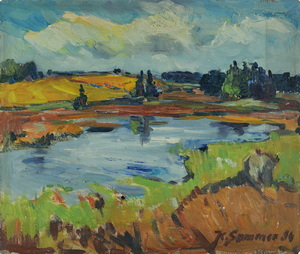 Werkverzeichnis Nr. 92, 1954, An der Amper,   Öl auf Karton, 30,7 x 30,2 cm, bez. u.r.: K. Sommer 54 