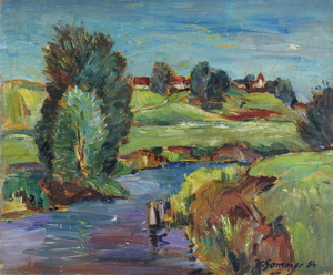 Werkverzeichnis Nr. 93, 1954, Amper mit Bäumen,  Öl auf Karton, 50,0 x 60,0 cm, bez. u.r.: K. Sommer 54 