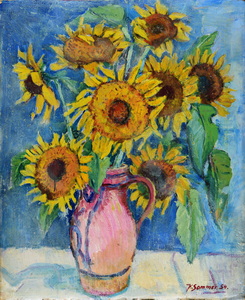 Werkverzeichnis Nr. 96, 1954, Sonnenblumen im rosaroten Krug, Öl auf Karton, 73,0 x 60,0 cm, bez. u.r.: K. Sommer 54