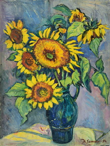 Werkverzeichnis Nr. 97,  1954, Sonnenblumen im blauem Krug, Öl auf Karton, 76,7 x 58,0 cm, bez. u.r.: K. Sommer 54