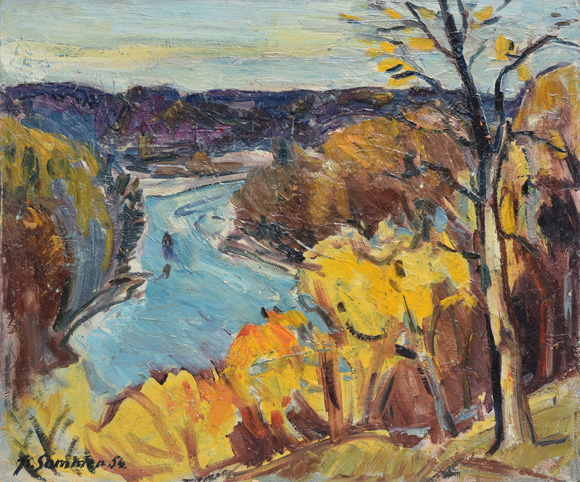 Isar mit Georgenstein, 1954, Öl auf Karton, 50,2 x 60,0 cm