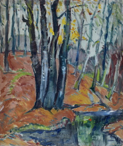 Werkverzeichnis Nr. 120, um 1954, Bäume in Mühltal, Öl auf Karton, 60,0 x 50,4 cm,
						Rückseite von Nr. 473 , Isar mit Georgenstein, um 1972