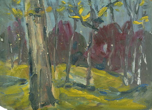 Werkverzeichnis Nr. 98<br> um 1954, Baumreihe, Öl auf Karton, 24,3 x 34,2 cm