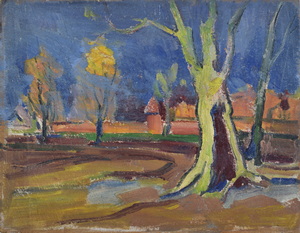 Werkverzeichnis Nr. 99, um 1954, Bäume auf einem Feld, Öl auf Karton, 24,9 x 32,1 cm