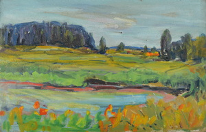 Werkverzeichnis Nr. 101<br> um 1954, Landschaft mit flachen Hügeln, Öl auf Karton, 27,6 x 32,6 cm