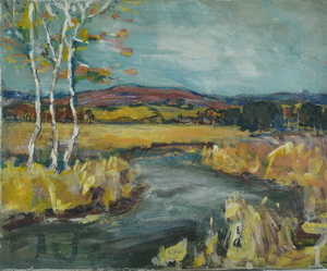 Werkverzeichnis Nr. 102<br> um 1954, Mooslandschaft mit Bach, Öl auf Karton, 29,6 x 36,8 cm