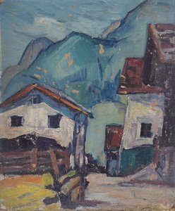 Werkverzeichnis Nr. 161, um 1956, Häuser im Gebirge, Öl auf Karton, 59,7 x 50,0 cm,
						Rückseite von: Werkverzeichnis Nr. 160, um 1956, Bäume auf Feldern 