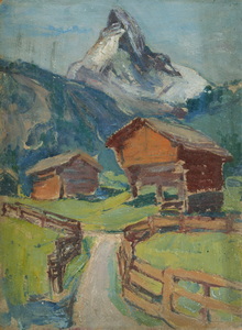 Werkverzeichnis Nr. 105, um 1954, Matterhorn mit zwei Hütten, Öl auf Karton, 34,8 x 25,1 cm 