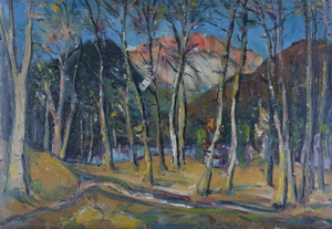 Werkverzeichnis Nr. 107, um 1954, Bäume, Blick auf den Untersberg, Öl auf Karton, 39,2 x 55,5 cm