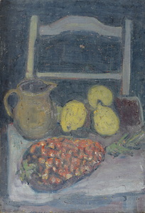Werkverzeichnis Nr. 108, um 1954, Früchtestillleben mit Annanas, Krug und Stuhl, Öl auf Karton, 57,0 x 40,0 cm,
						Rückseite bemalt mit Werkverzeichnis Nr. 217, um 1965, Berge in Rot und Grün
