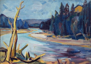 Werkverzeichnis Nr. 109<br> um 1954, Isar, Öl auf Karton, 43,3 x 61,2 cm