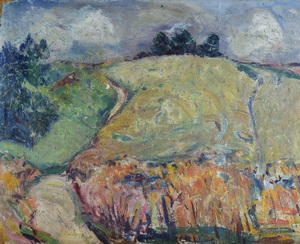 Werkverzeichnis Nr. 110, um 1954, Hügel mit Bäumen, Öl auf Hartfaser, 49,5 x 60,6 cm,
						Rückseite bemalt mit Werkverzeichnis Nr. 101, Bäume, um 1954