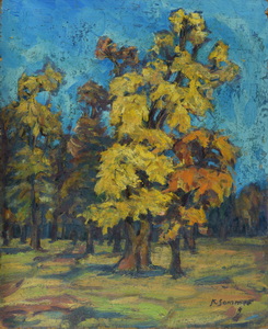 Werkverzeichnis Nr. 111, um 1954, Bäume, Öl auf Hartfaser, 60,6 x 49,5 cm,
						Rückseite bemalt mit Werkverzeichnis Nr. 101, Hügel mit Bäumen, um 1954