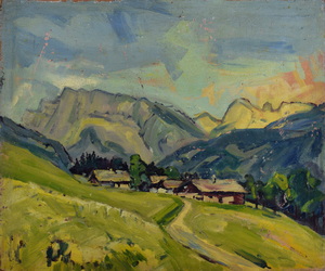 Werkverzeichnis Nr. 112, um 1954, Almkaser vor Hochkalter und Reiteralm, Öl auf Karton, 49,8 x 60,3 cm, 
						Rückseite bemalt mit Werkverzeichnis Nr. 113, um 1954, Bäume
