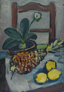 Werkverzeichnis Nr. 121<br> um 1954, Stilleben auf Stuhl, Öl auf Karton, 57,0 x 40,0 cm