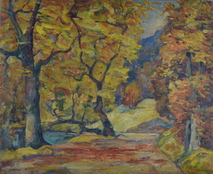 Werkverzeichnis Nr. 113, um 1954, Bäume, Öl auf Karton, 49,8 x 60,3 cm,
						Rückseite bemalt mit Werkverzeichnis Nr. 112, um 1954, Almkaser vor Hochkalter und Reiteralm