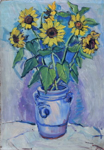 Werkverzeichnis Nr. 116, um 1954, Sonnenblumen in grauem Steinguttopf, Öl auf Karton, 83,0 x 57,7 cm