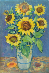 Werkverzeichnis Nr.117, um 1954, Sonnenblumen in grauem Steinguttopf, Öl auf Karton, 83,5 x 56,7 cm