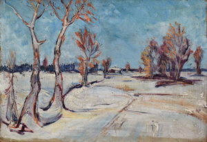 Werkverzeichnis Nr. 103 um 1954, Winterliche Mooslandschaft mit Bäumen, Öl auf Karton, 51,4 x 73,7 cm