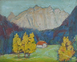 Werkverzeichnis Nr. 114, um 1954, Gebirgsmassiv mit Alm, Öl auf Karton, 37,7 x 46,6 cm