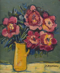Werkverzeichnis Nr. 119, um 1954, Blumenstillleben, Öl auf Karton, 34,8 x 43,0 cm