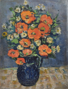 Werkverzeichnis Nr. 118, um 1954, Strauß mit roten und weißen Feldblumen, Öl auf Hartfaser, 49,3 x 38,3 cm