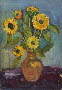Werkverzeichnis Nr. 115, um 1954, Sonnenblumen in brauner Vase, Öl auf Karton, 57,0 x 40,0 cm