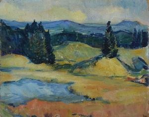Werkverzeichnis Nr 100, um 1947, Hügelige Voralpenlandscahft, Öl auf Hartfaser, 23,6 x 29,8 cm