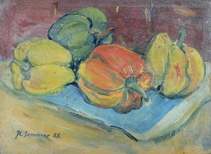 Werkverzeichnis Nr. 123,  1955, Paprikastillleben, Öl auf Karton, 36,4 x 26,5 cm, 
						Rückseite von Werkverzeichnis Nr. 1263, 1982, Felder und Gebirge, Öl auf Karton 