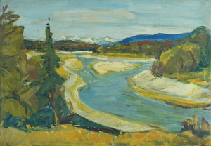 Werkverzeichnis Nr. 124<br> 1955, Isar bei Wolfratshausen, Öl auf Karton, 39,80 x 58,7 cm