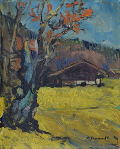 Werkverzeichnis Nr. 125,  1955, Gehöft am Wald mit Baum, Öl auf Karton, 41,8 x 33,7 cm	