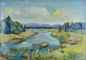 Werkverzeichnis Nr. 126,  1955, Fluss in den Voralpen, Öl auf Karton, 53,6 x 76,6 cm 