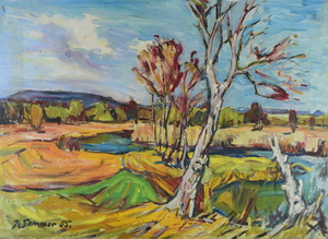 Werkverzeichnis Nr. 127<br> 1955, Bäume an einem Bach, Öl auf Karton, 54,0 x 74,8 cm