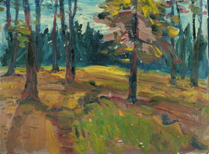 Werkverzeichnis Nr. 128, um 1955, Laubbäume vor einem Tannenwald, Öl auf Karton, 18,2 x 24,0 cm, 
						Rückseite bemalt mit Werkverzeichnis Nr. 117, um 1955, Blumenstillleben	