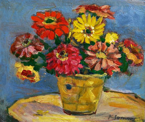 Werkverzeichnis Nr.130, um 1955, Gerbera in einem Topf, Öl auf Karton, 25,8 x 31,2 cm