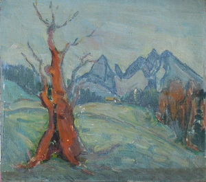 Werkverzeichnis Nr. 137<br> um 1955, Baum vor dem Watzmann, Öl auf Karton, 33,4 x 37,3 cm